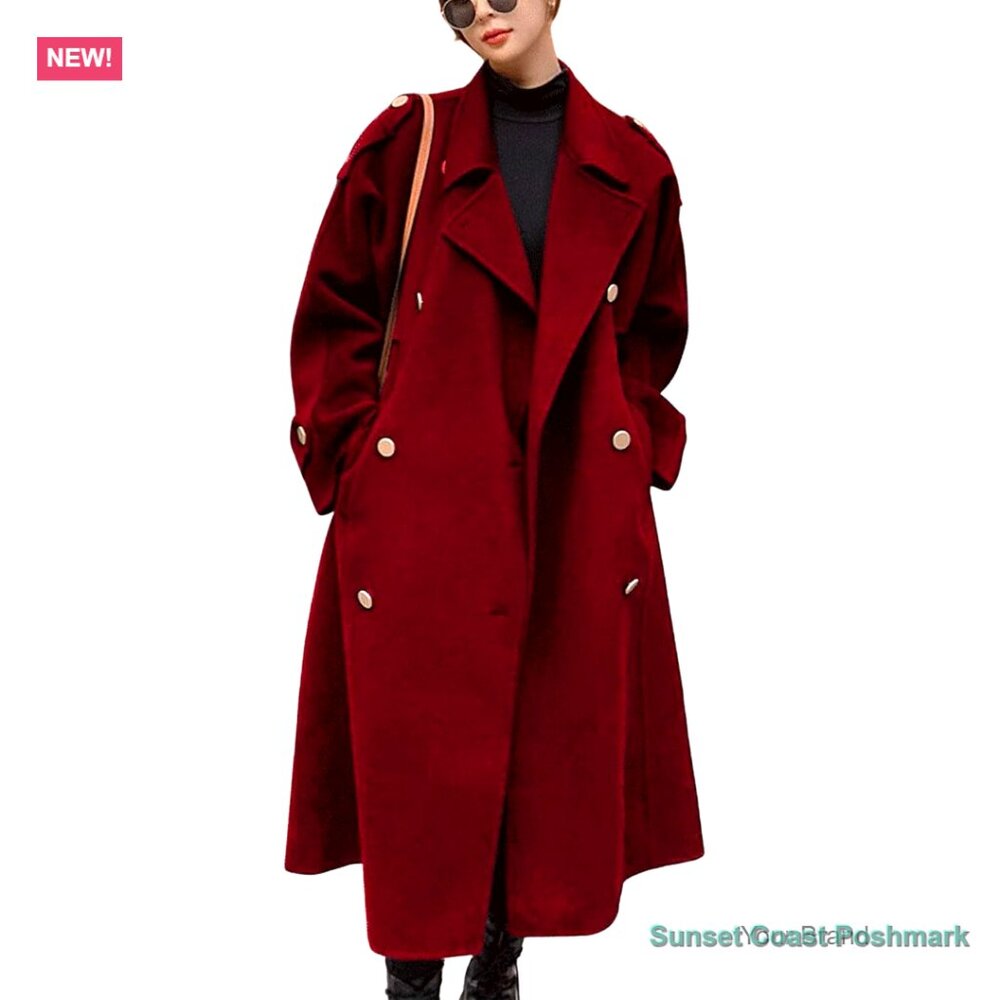 Women's Wool Blend Pea Coat Double Breasted Midi Long Trench Coat